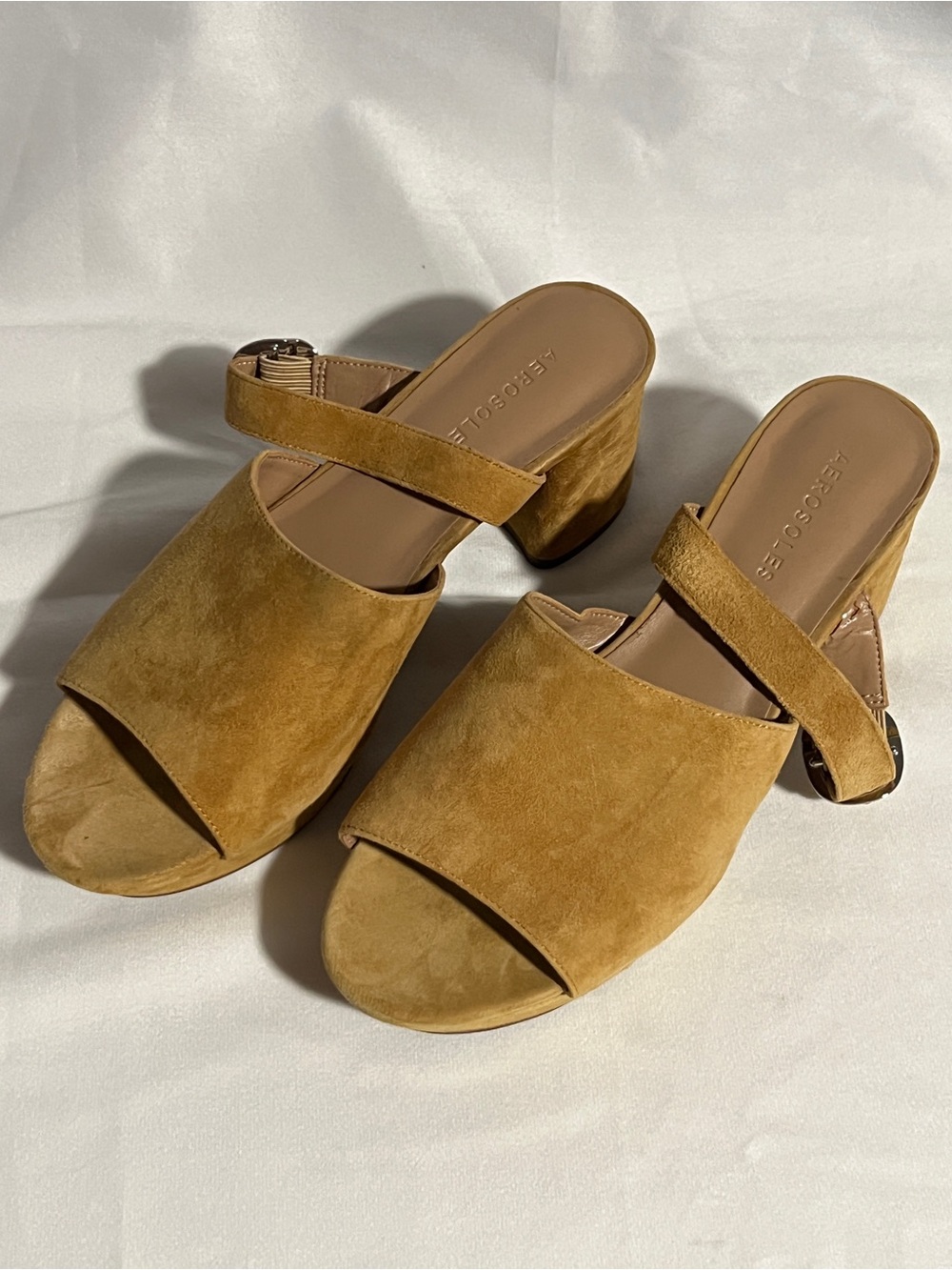 AEROSOLES Mustard Suede Open-Toe Block Heel Mules